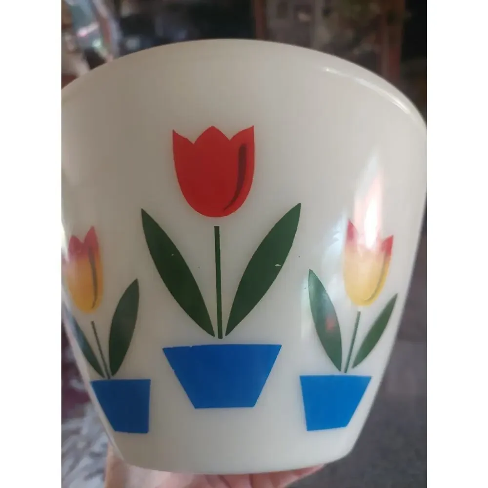 Vintage MCM Fire King Glass Mixing Bowl Tulip Floral Pattern 9 1/2